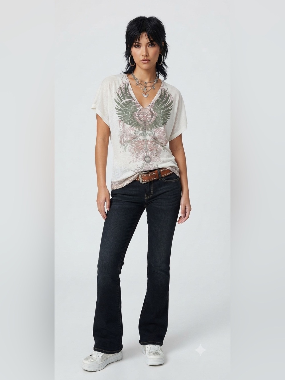 Body Central V Neck Wings/Tribal Design Tee Shirt